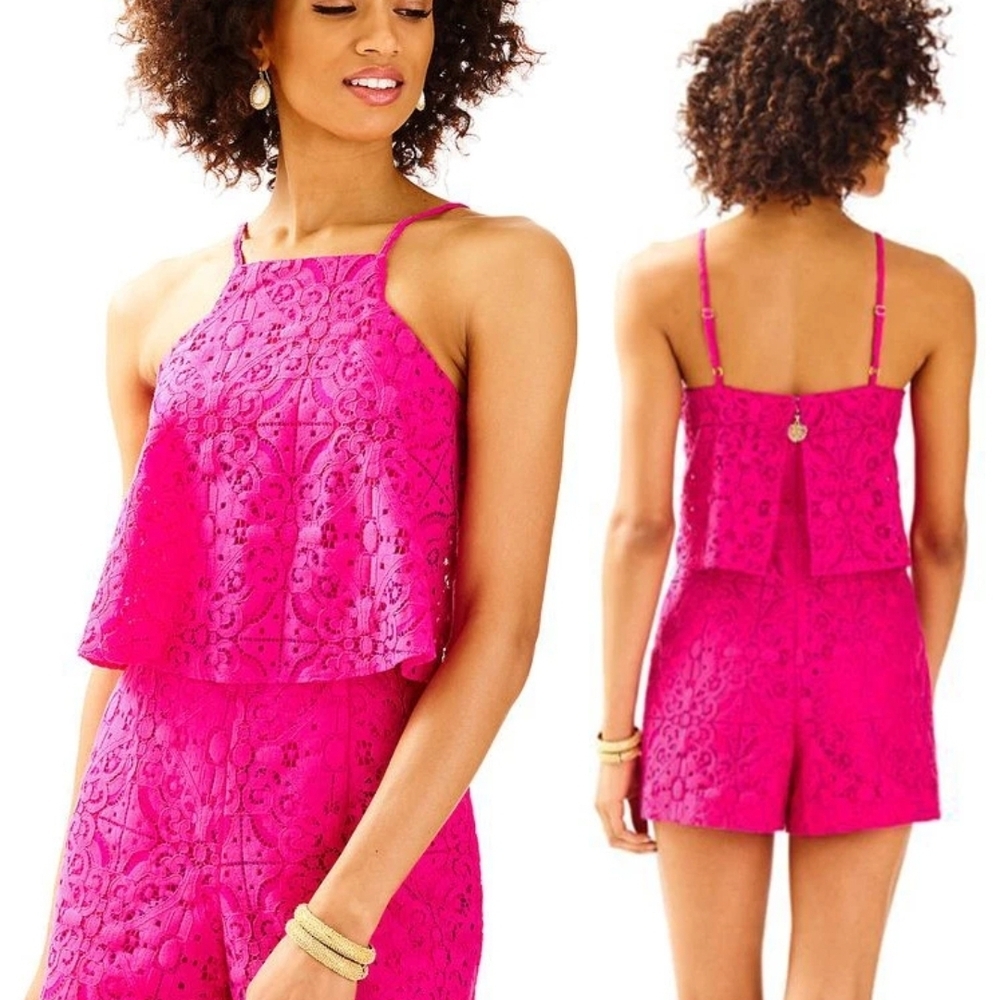 Lilly Pulitzer Celyn Magenta Pink Tic Tac Lace Romper Flounce Size 0